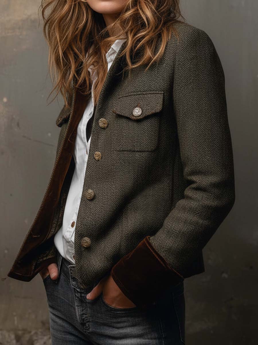 Honorine | Blazer Vintage de Espiga con Bordes en Contraste