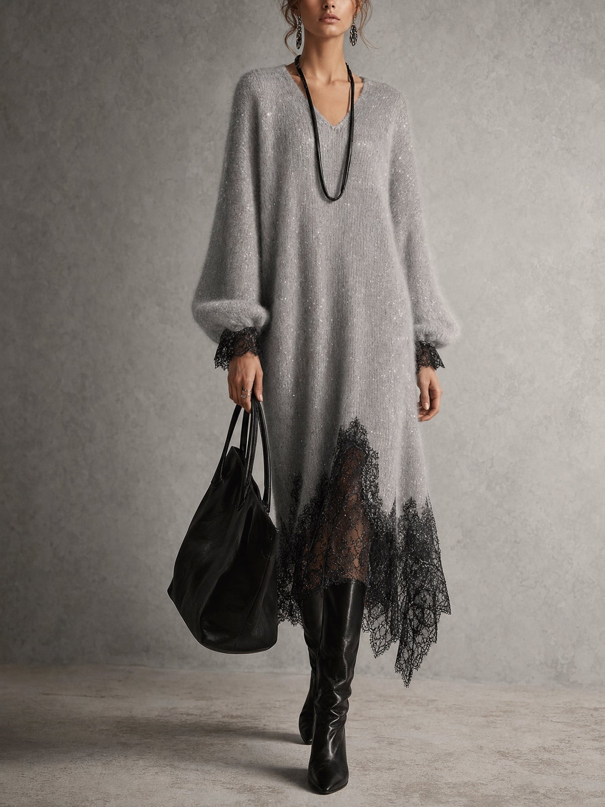 Sedona | Vestido Midi de Punto Gris Brillante con Bajo de Encaje