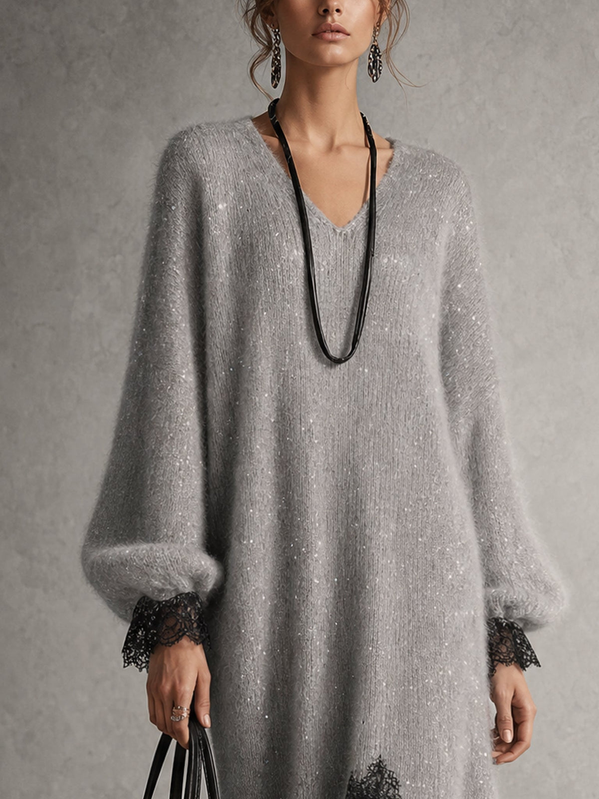 Sedona | Vestido Midi de Punto Gris Brillante con Bajo de Encaje