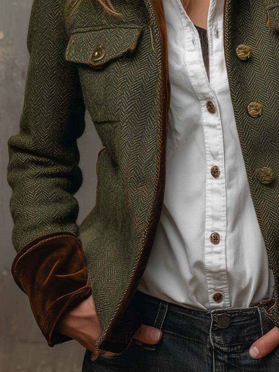 Honorine | Blazer Vintage de Espiga con Bordes en Contraste