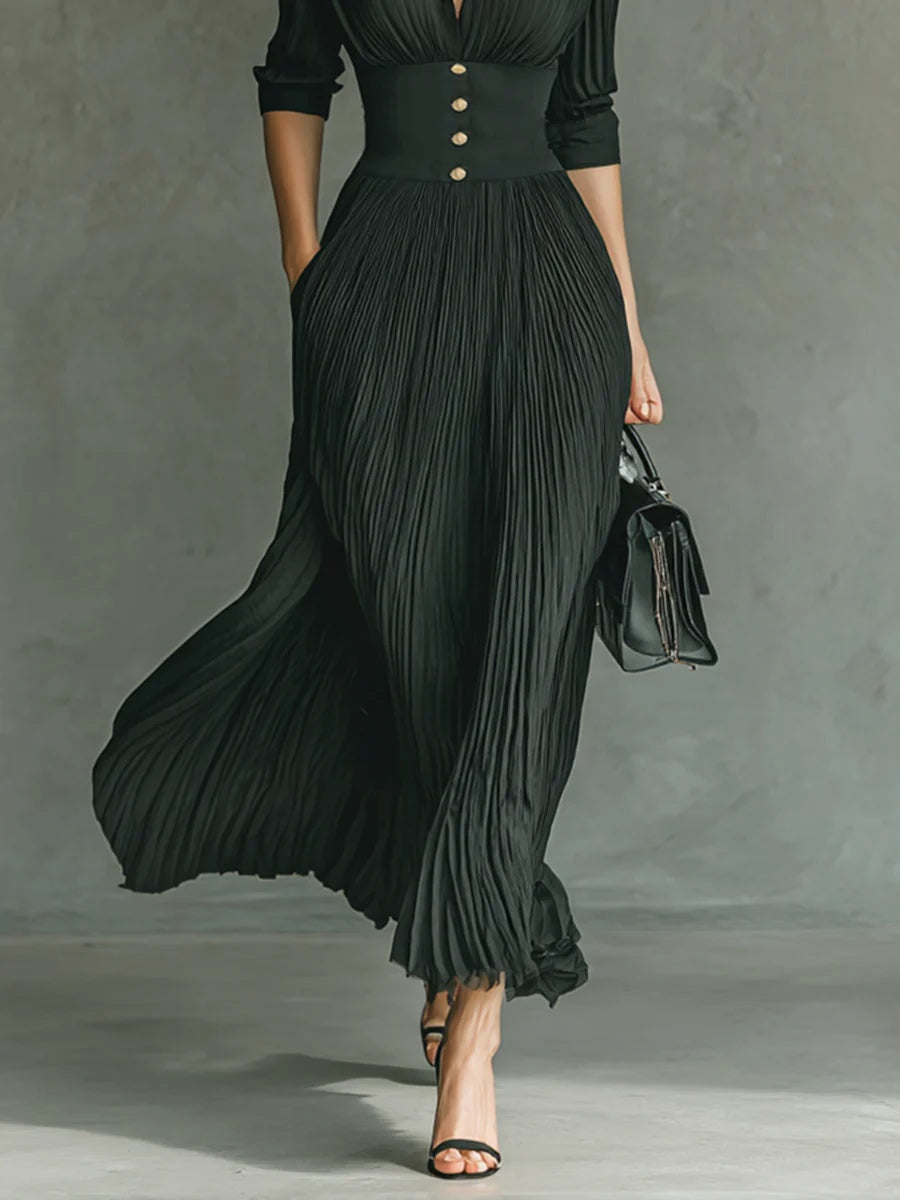 Elvire | Vestido Largo Plisado con Solapas y Talle Alto