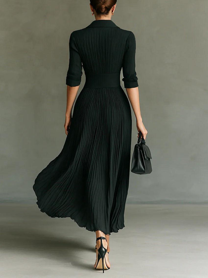 Elvire | Vestido Largo Plisado con Solapas y Talle Alto